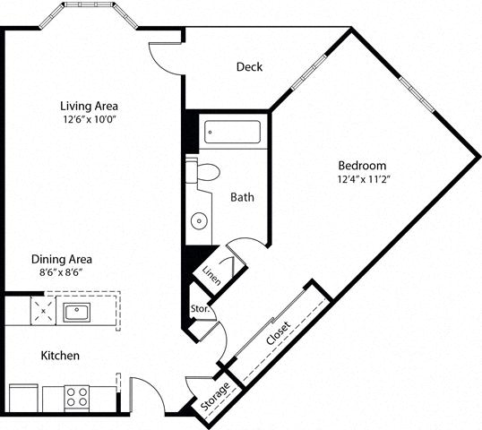 Floor plan for 1 bed, 1 bath, 719 sqft