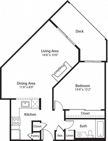 Floor plan for 1 bed, 1 bath, 739 sqft