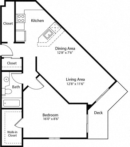 Floor plan for 1 bed, 1 bath, 790 sqft