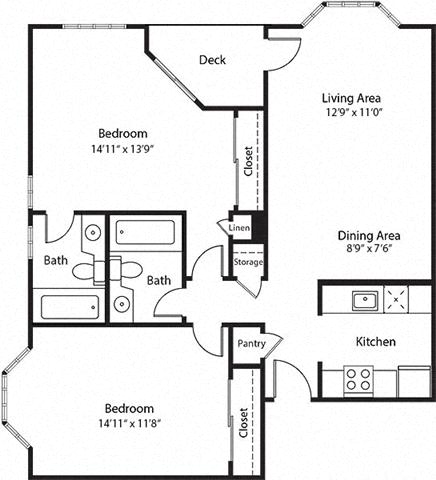 Floor plan for 2 beds, 2 baths, 923 sqft