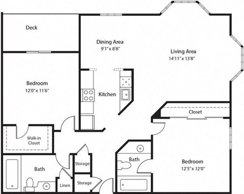 Floor plan for 2 beds, 2 baths, 960 sqft