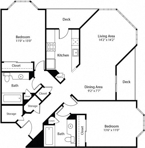 Floor plan for 2 beds, 2 baths, 1030 sqft
