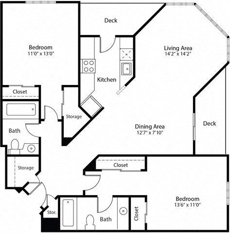Floor plan for 2 beds, 2 baths, 1099 sqft