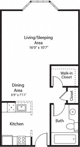 Floor plan for studio, 1 bath, 478 sqft