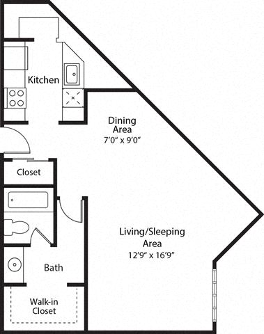 Floor plan for studio, 1 bath, 610 sqft