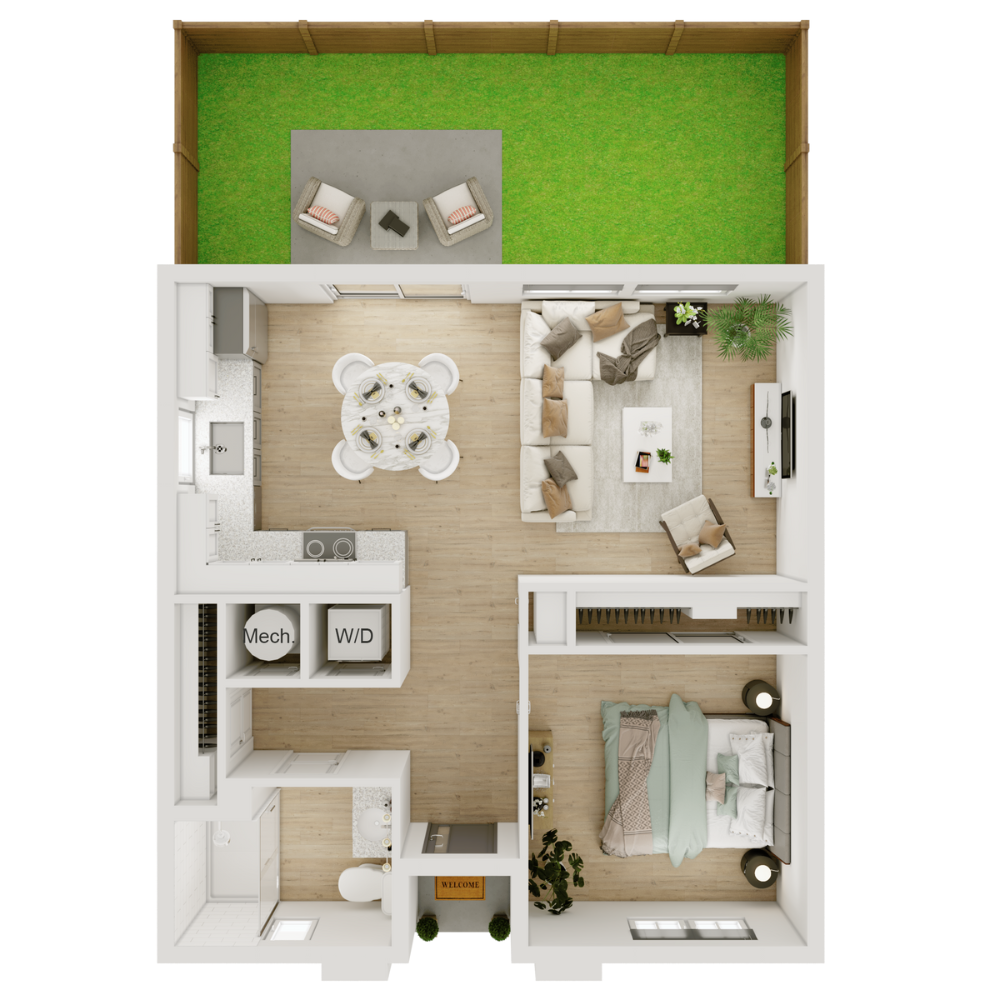Floor plan for 1 bed, 1 bath, 635 sqft
