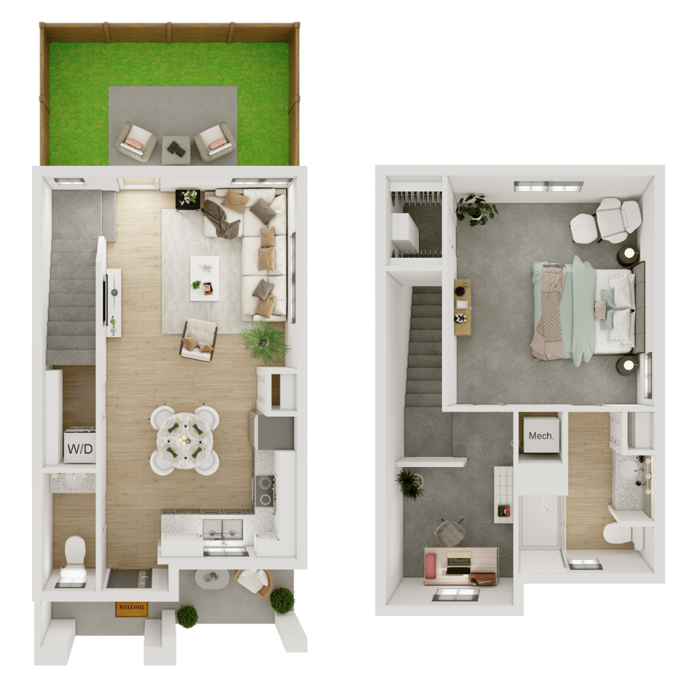 Floor plan for 1 bed, 1.5 baths, 900 sqft