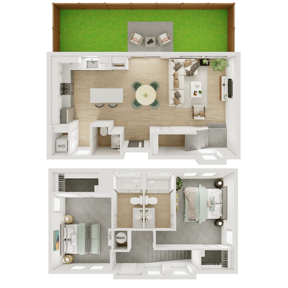 Floor plan for 2 beds, 2.5 baths, 1167 sqft