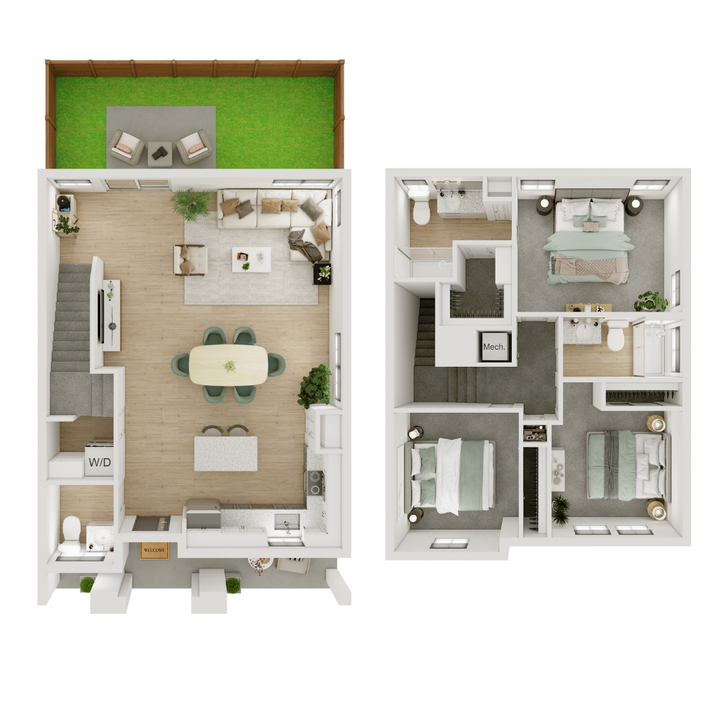 Floor plan for 3 beds, 2.5 baths, 1514 sqft
