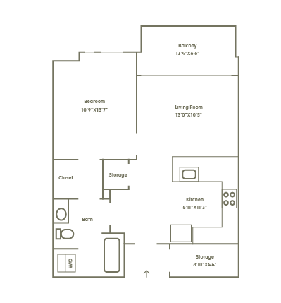 Floor plan for 1 bed, 1 bath, 718 sqft