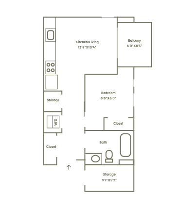 Floor plan for 1 bed, 1 bath, 517 sqft