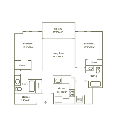 Floor plan for 2 beds, 2 baths, 1032 sqft