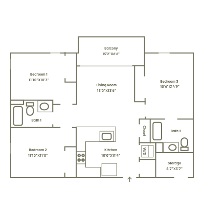 Floor plan for 3 beds, 2 baths, 1170 sqft