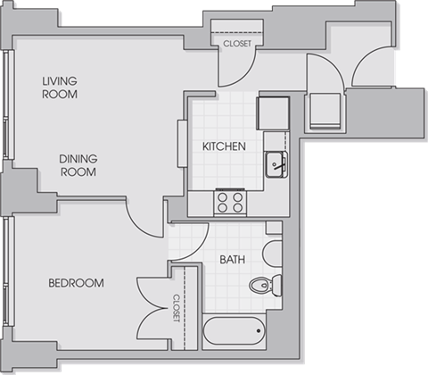 Floor plan for 1 bed, 1 bath, 569 sqft