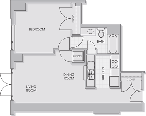 Floor plan for 1 bed, 1 bath, 671 sqft