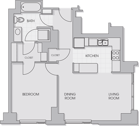 Floor plan for 1 bed, 1 bath, 683 sqft
