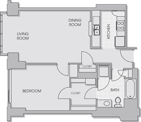 Floor plan for 1 bed, 1 bath, 721 sqft