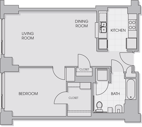 Floor plan for 1 bed, 1 bath, 748 sqft