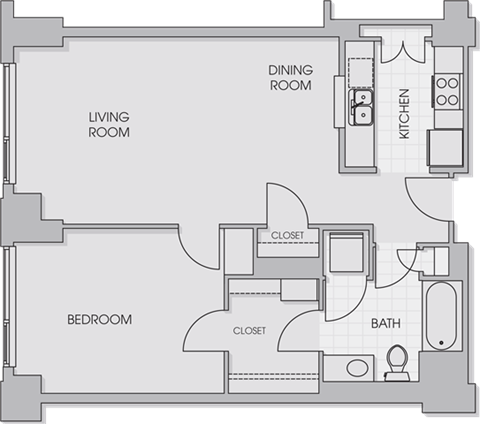 Floor plan for 1 bed, 1 bath, 786 sqft