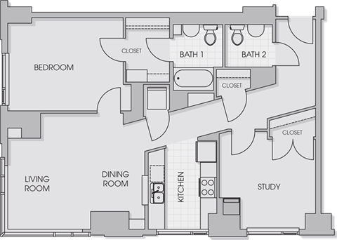 Floor plan for 1 bed, 1.5 baths, 982 sqft