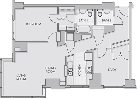 Floor plan for 1 bed, 1.5 baths, 1051 sqft
