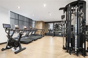 San Diego apartment for rent - A gym with treadmills, elliptical machines, and weight machines.