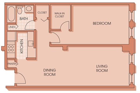 Floor plan for 1 bed, 1 bath, 857 sqft
