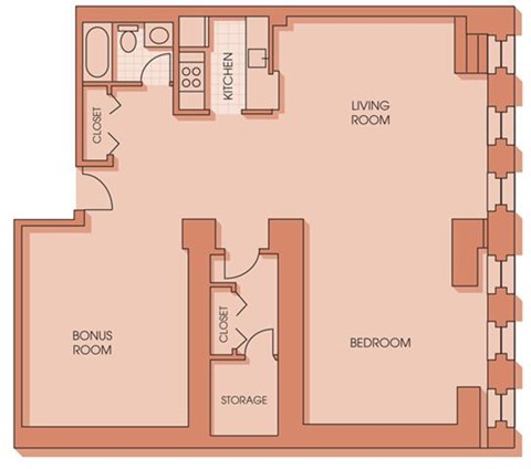 Floor plan for 1 bed, 1 bath, 1561 sqft