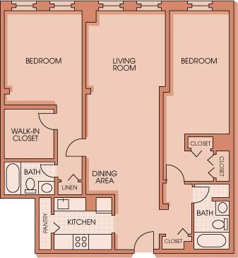 Floor plan for 2 beds, 2 baths, 1284 sqft