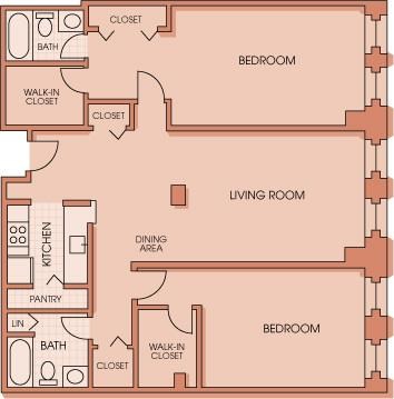 Floor plan for 2 beds, 2 baths, 1373 sqft