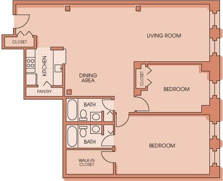Floor plan for 2 beds, 2 baths, 1398 sqft
