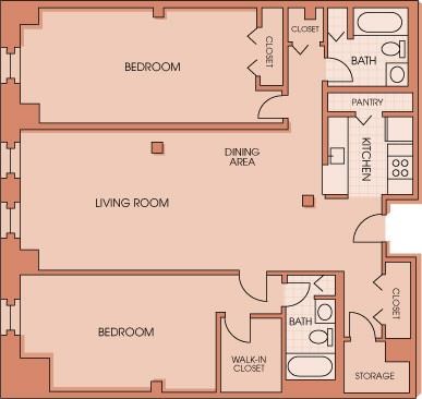 Floor plan for 2 beds, 2 baths, 1414 sqft