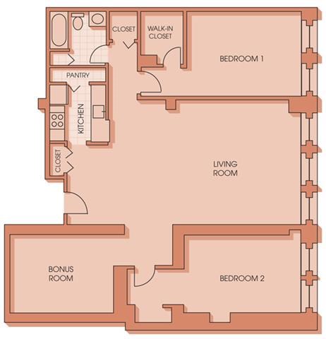 Floor plan for 2 beds, 2 baths, 1608 sqft