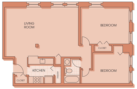 Floor plan for 2 beds, 1 bath, 1023 sqft