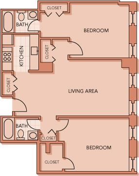 Floor plan for 2 beds, 2 baths, 1048 sqft
