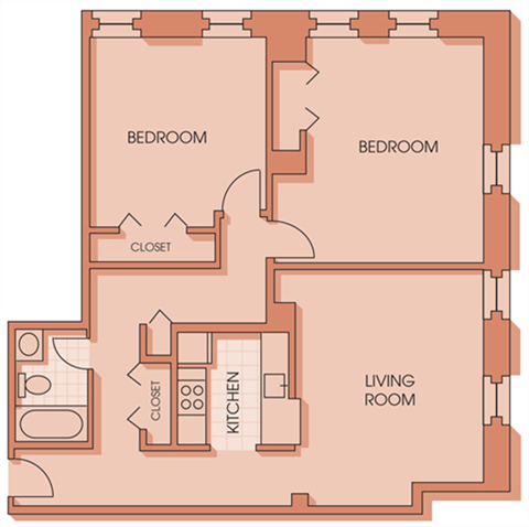 Floor plan for 2 beds, 1 bath, 1052 sqft