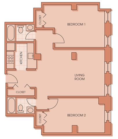 Floor plan for 2 beds, 2 baths, 1055 sqft