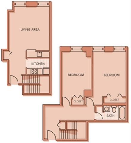 Floor plan for 2 beds, 1 bath, 1064 sqft