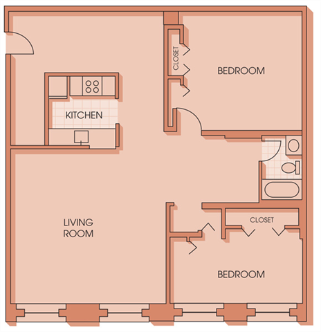 Floor plan for 2 beds, 1 bath, 1110 sqft