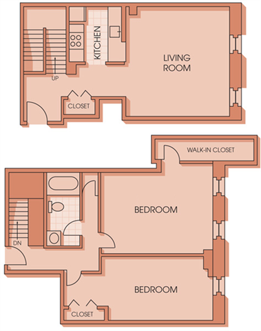 Floor plan for 2 beds, 1 bath, 1117 sqft