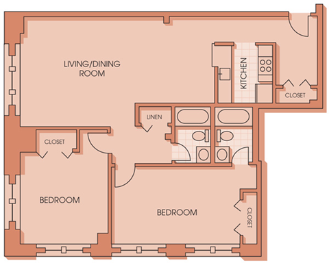 Floor plan for 2 beds, 2 baths, 1245 sqft