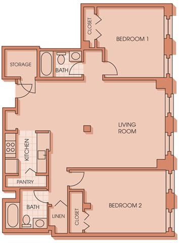 Floor plan for 2 beds, 2 baths, 1262 sqft