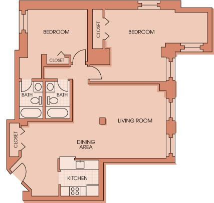 Floor plan for 2 beds, 2 baths, 1280 sqft