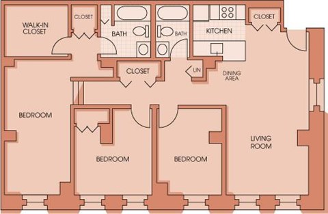 Floor plan for 3 beds, 2 baths, 1294 sqft
