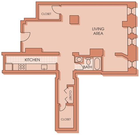 Floor plan for studio, 1 bath, 592 sqft