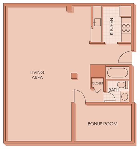 Floor plan for studio, 1 bath, 598 sqft