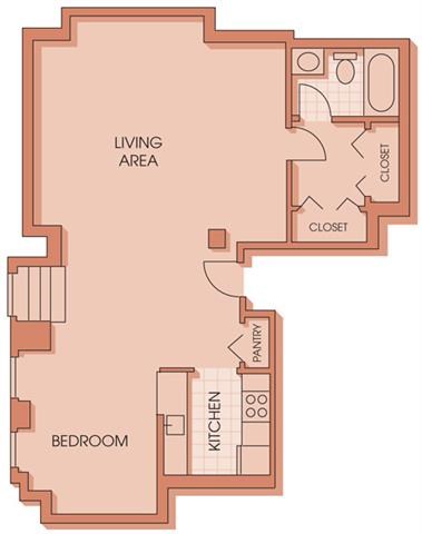 Floor plan for studio, 1 bath, 747 sqft