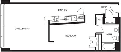 Floor plan for 1 bed, 1 bath, 770 sqft