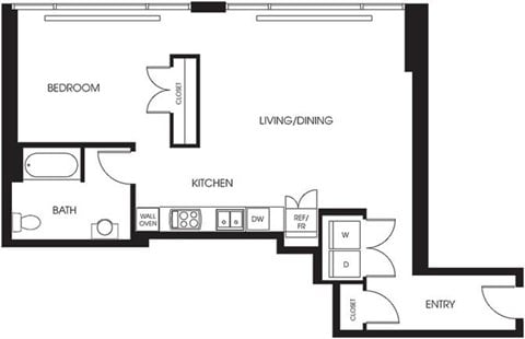 Floor plan for 1 bed, 1 bath, 840 sqft