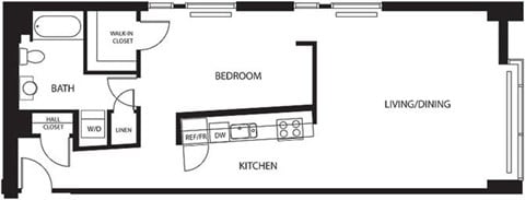Floor plan for 1 bed, 1 bath, 842 sqft